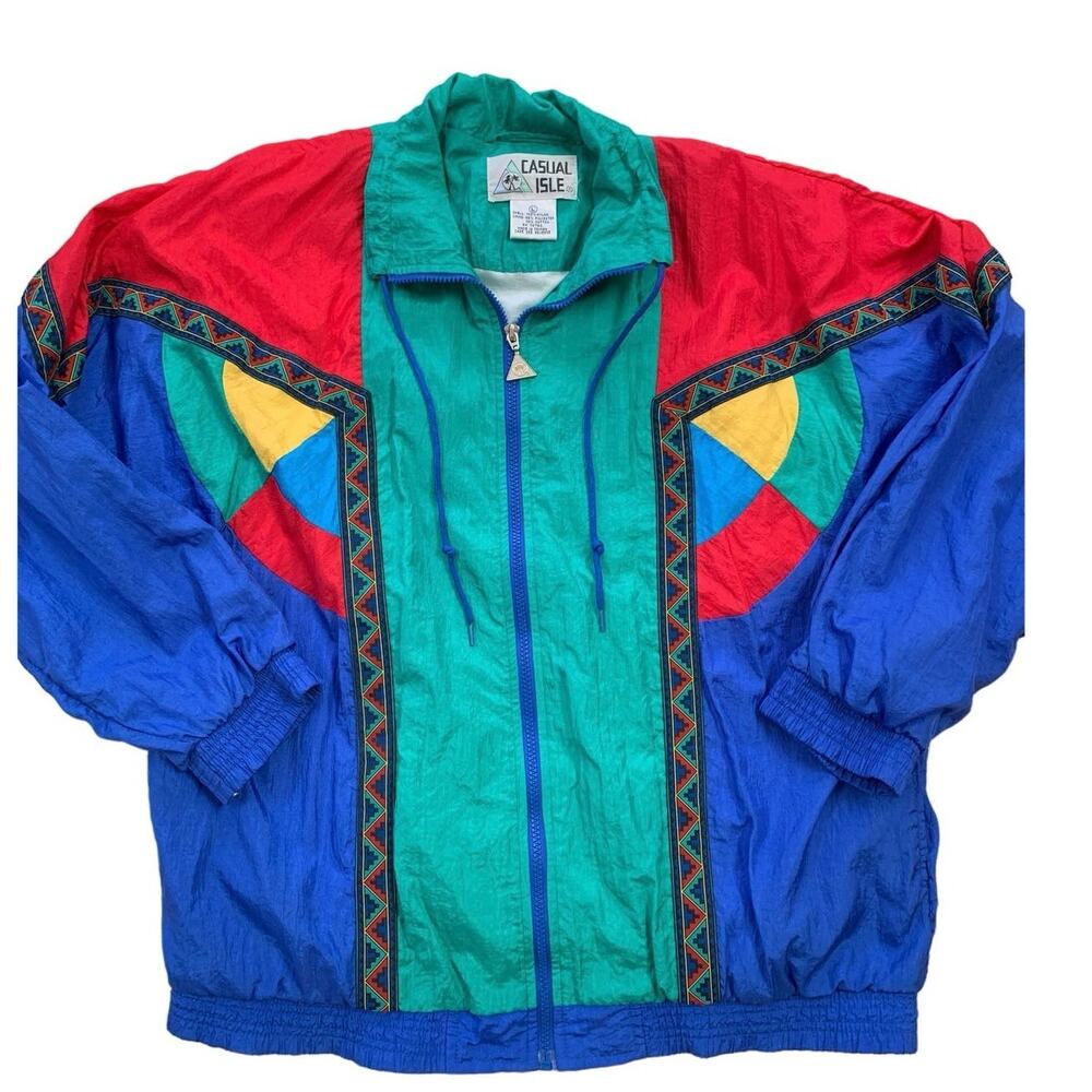 Amazing Vintage Color Block Wind Breaker Zippered Jacket Cotton Lined Size L
